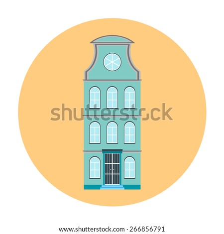Building house vector icon. City urban architecture for business, home, office, appartment. Town residential estate. Blue, green colors. For flat design cityscape.
