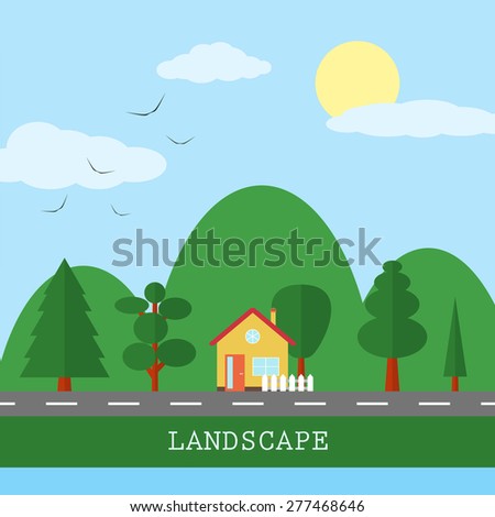 Village vector landscape illustration. Background nature,sky, country home building, green field, cloud, summer, hill. Outdoor rural countryside cartoon scene. Flat design.