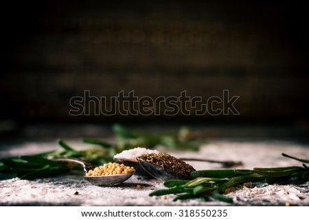 Food spice seasoning ingredients for cooking in cuisine on dark background. Dry powder curry, ginger, rosemary, salt. Asian red, yellow, green colorful aroma condiment.