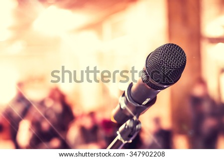 Microphone for sound, music, karaoke in audio studio or stage. Mic technology. Voice, concert entertainment background. Speech broadcast equipment. Live pop, rock musical performance.