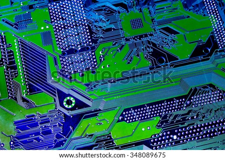 Circuit board. Electronic computer hardware technology. Motherboard digital chip. Tech science background. Integrated communication processor. Information engineering component. Blue, green color.