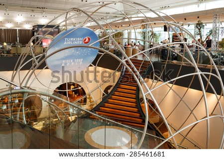 ISTANBUL, TURKEY - MAY 30, 2015: Interior view of the Turkish Airlines Business Class airport Lounge at Istanbul Ataturk Airport Terminal, this part is the new extended area of the lounge.