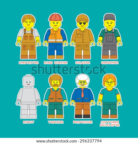 Vector flat set of people of different professions. Made in constructor style. Convenient guide for children showing different professions. Perfect for kids room. Easy recolor.