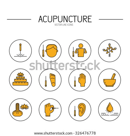 Collection of vector icons dedicated to traditional Chinese medicine, acupuncture. a method of stimulation of certain points on the body with needles