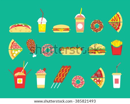 Fast food set. Vector fast food restaurant. Isolated fast food set. Flat fast food icons set. Vector fast food snakes. Restaurant junk food. Isolated fast food icons.
