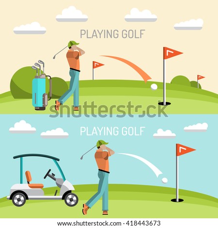 Banners vector image of sports equipment for Golf, such as Golf bag, putter, golfer, ball, hole, Golf course. The golfer will hit the ball towards the hole.