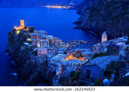 Vernazza in morning twilight ~ view of an amazing village on cliff ~ in Cinque Terre Italy