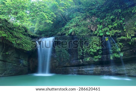 A cool refreshing waterfall in a mysterious forest of lush greenery