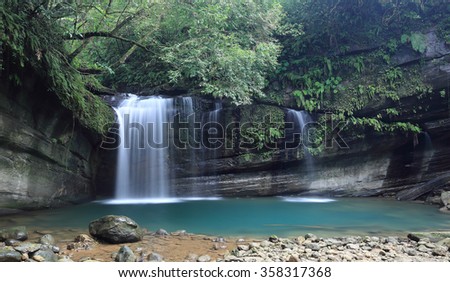 A cool refreshing waterfall pouring into an emerald pond hidden in a mysterious forest of lush greenery ~ A scenic paradise with beautiful waterfall and intriguing river potholes in Taiwan