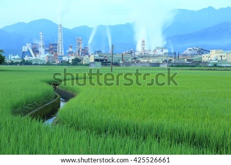 View of a factory in the middle of a green rice field in the early morning ~ Factory pipes polluting air on a silent morning, a serious environmental issue