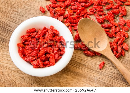 Goji berry on white dish with wood spoon on the wood floor