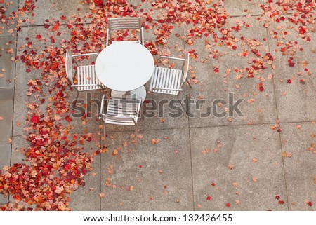An aluminum table with four chairs surrounded by fallen red maple leaves.