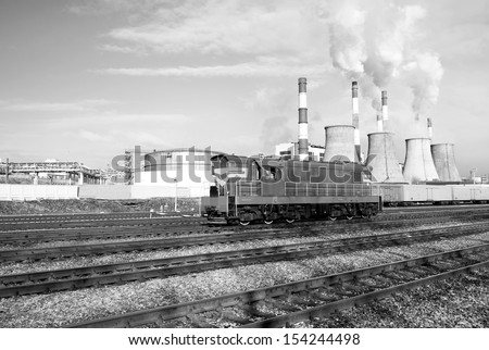 Railway in industrial area.Black and white photography