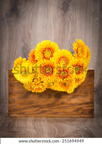 Bouquet of gerber flowers in the box on wooden background