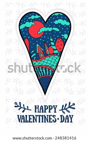 Happy Valentine\'s day card with heart and scenery of the houses and trees in the background of treats vector