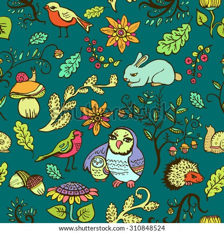 Cute seamless colorful pattern with owls, birds, flowers and forest animals. Vector illustration.