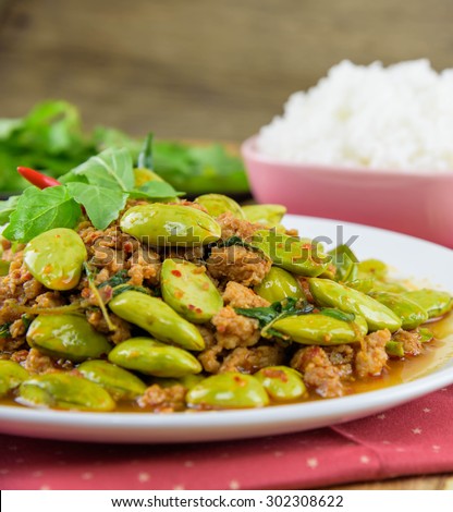 Sato fried pork curry. Southern food of Thailand.