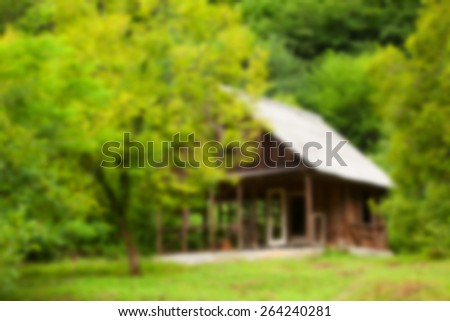 wooden house in forest blurry background