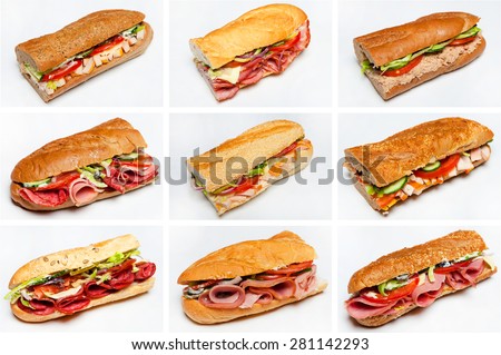 Nine fresh sandwiches. Assorted delicious baguette sandwiches.