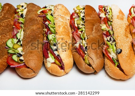 Assorted delicious baguette sandwiches. Various kinds of sandwiches