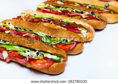Assorted delicious baguette sandwiches. Various kinds of sandwiches