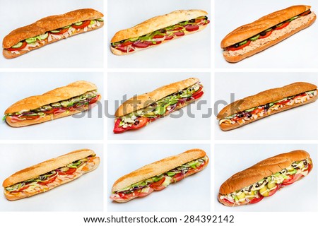 Nine fresh sandwiches. Assorted delicious baguette sandwiches.