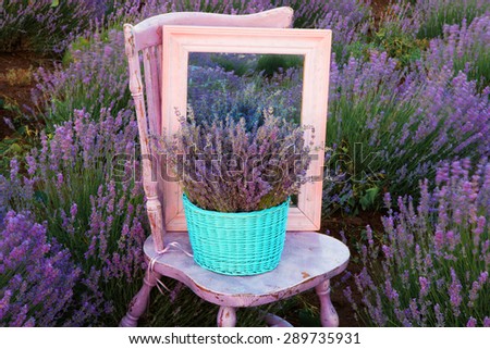 Original wedding decoration in lavender flowers. Wedding accessories in lavender flowers.Chair and mirror in lavender flowers.