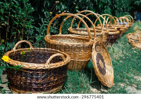 Vintage weave wicker baskets. A lot of empty baskets.