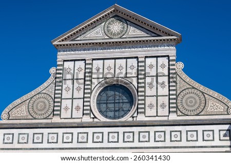 Facade of the Basilica of Santa Maria Novella, Florence, Toscany, Italy.  It is the first great basilica in Florence, and is the city\'s principal Dominican church. Gothic and early Renaissance.