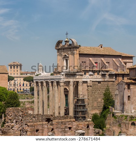 The Temple of Antoninus and Faustina is an ancient Roman temple in Rome, adapted to the catholic church of San Lorenzo in Miranda. It stands in the Forum Romanum, on the Via Sacra. Rome, Italy.