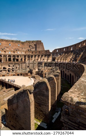 ROME - APRIL 17, 2013: Interior of The Colosseum (Coliseum) also known as the Flavian Amphitheatre on a sunny spring day. Arena and hypogeum. One of the main attractions of the city. Rome, Italy.