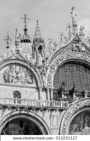The Patriarchal Cathedral Basilica of Saint Mark is the cathedral church of the Roman Catholic Archdiocese of Venice. Black and white photography.