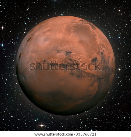 Solar System - Mars. It is the fourth planet from the Sun. Mars is a terrestrial planet with a thin atmosphere, having craters, volcanoes, valleys, deserts. Elements of this image furnished by NASA