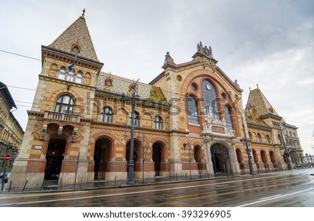 BUDAPEST, HUNGARY - FEBRUARY 21, 2016: Facade of the Great Market Hall in Budapest, Hungary. It\'s the largest indoor market in Budapest. It was designed by Samu Pecz. Built in neogothic style.