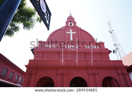 Malaysia, Melacca - June 24, 2015 : Christ Church Melaka, build in year 1753, historical building, now still in use for Christian. Red house Melaka.