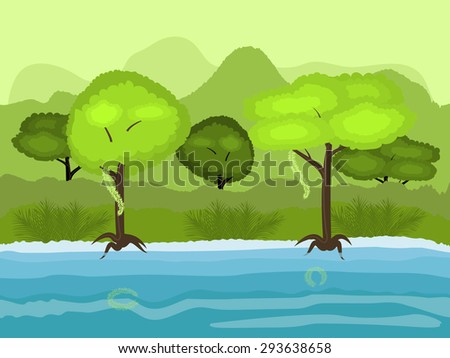 cartoon nature landscape, unending tropical background with the beach with old trees, exotic vines and multiple levels mountains and bushes