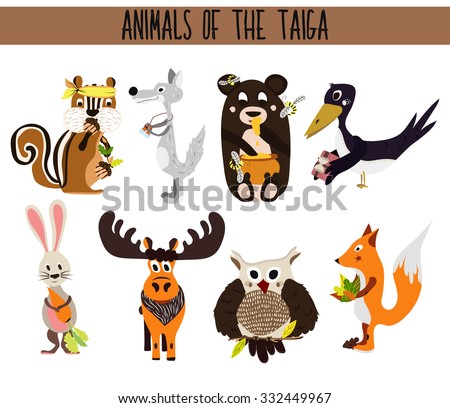 Set of Cute cartoon Animals birds living in taiga. Owl, Fox, hare, elk, bear, crow, Chipmunk, and wolf. Vector illustration