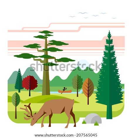 Landscape with mountains, wood, deer and river. Landscape with mountains, wood, deer and river.