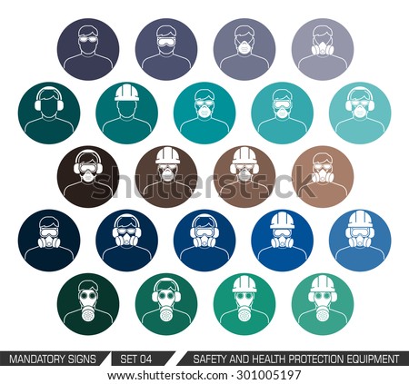 Safety and health protection equipment. Collection of safety and health protection equipment to be worn on head. Set of safety equipment signs. Vector illustration.