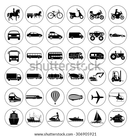 Collection of signs presenting different modes of transport on land, water and in the air. Vintage and modern means of transportation. Transportation icons. Vector illustration.