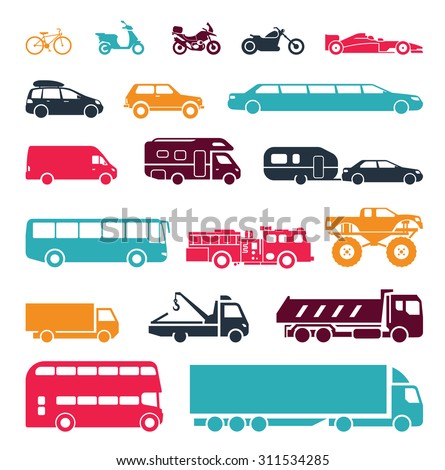 Signs presenting different means of transportation. Collection of signs presenting different modes of transport on land. Modern means of transportation. Transportation icons.