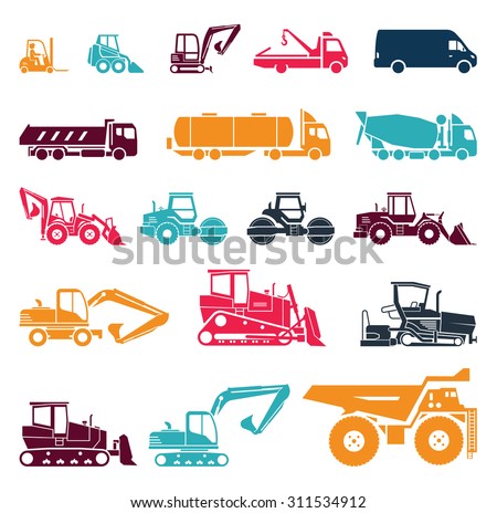 Set of various transportation and construction machinery. Heavy equipment. Collection of heavy trucks. Heavy-duty vehicles, designed for executing construction tasks and earthwork operations.