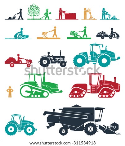 Set of different types of agricultural vehicles and gardening machines. Mower, trimmer, saw, cultivator, tractors, harvesters, combines and excavators. Icon set of working machines.
