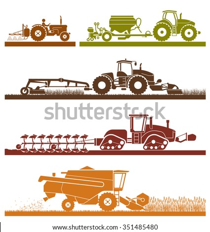 Set of different types of agricultural vehicles and machines harvesters, combines and excavators. Icon set of agricultural machines with accessories for plowing, mowing, planting and harvesting.