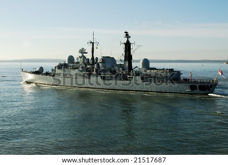 HMS Exeter, British Warship, Leaving Potsmouth Dockyard