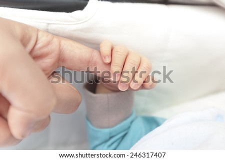 A baby\'s hand holding the finger of his dad or his mom