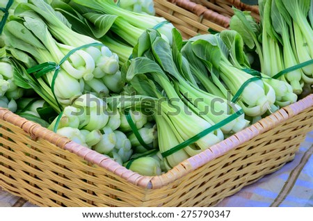 a gasket of organically grown baby bok choy in the Fruits and Vegetables stall at University District farmer market (aka U-district) in Seattle, WA, USA