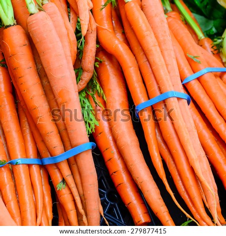 Group of fresh organically grown carrots in the farmer market at Puyallup, Washington, USA. A close up full frame of organic carrots. Healthy concept.