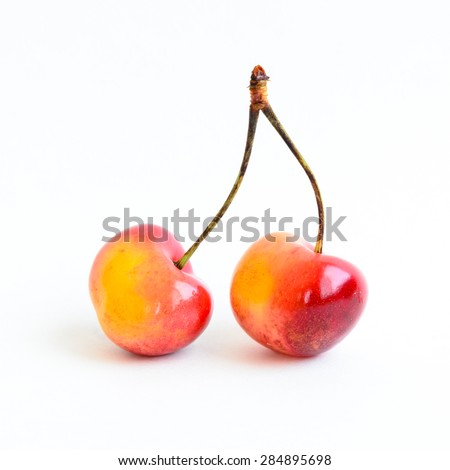 Two cherries on isolated white background. These cherries are grown in Yakima Valley, a prime agricultural area of Washington State and the largest variety of crops in the Pacific Northwest, USA.