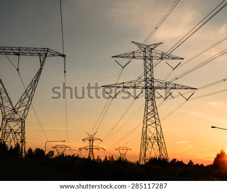 Silhouette of pylons in sunset at Fairwood, King County, Washington State, USA